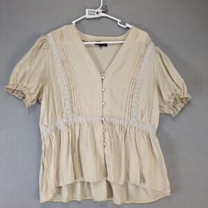 Talent Beige Lace Trim Button Peasant Shirt Women's Plus Size 3XL Puff Sleeve